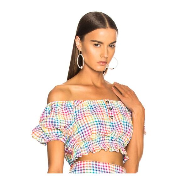 Caroline Constas Bardot Rainbow Grid Gingham Crop Puff Sleeve Top Size XS - Picture 1 of 6